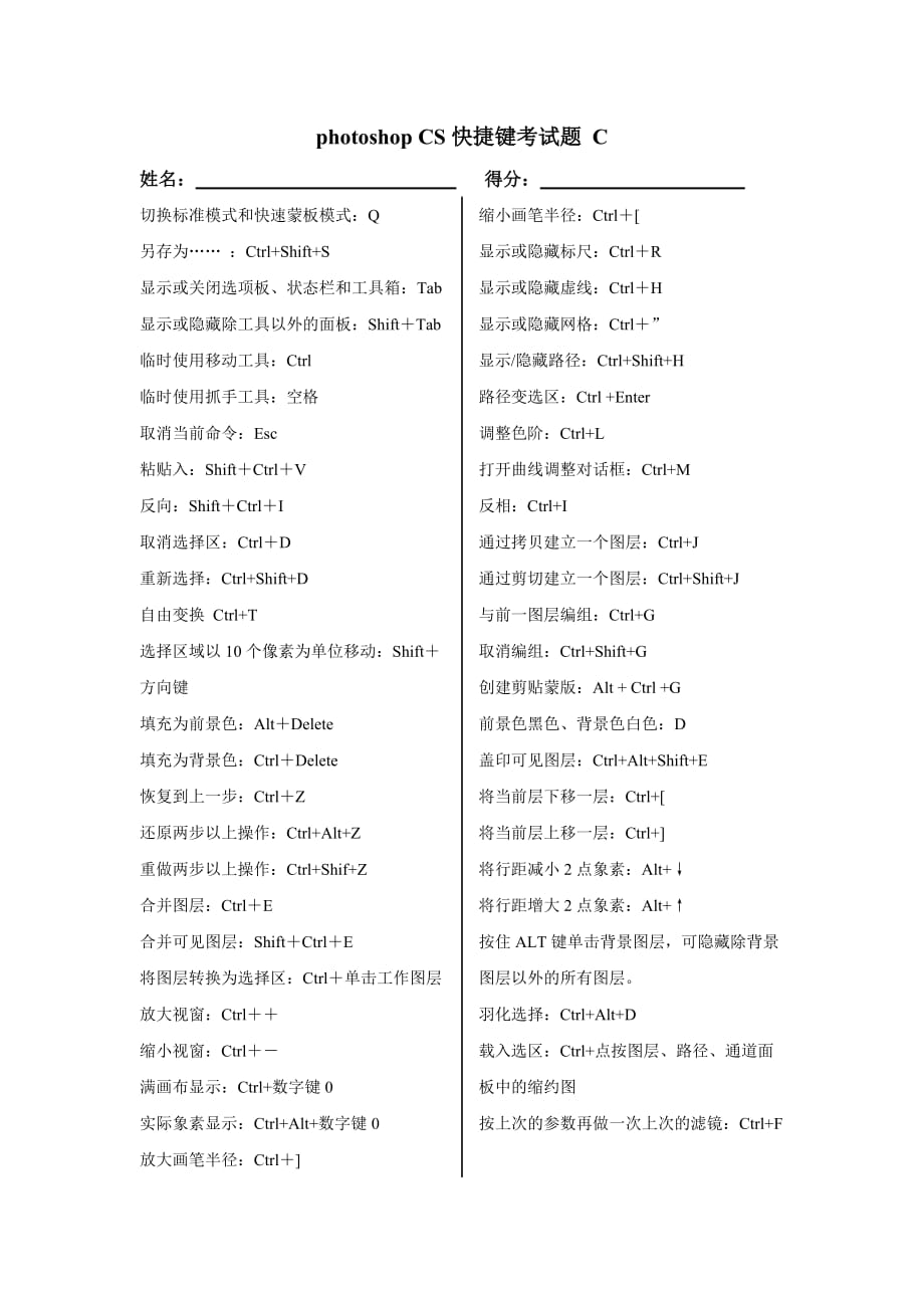 photoshop CS快捷键考试题-C-答案.doc_第1页