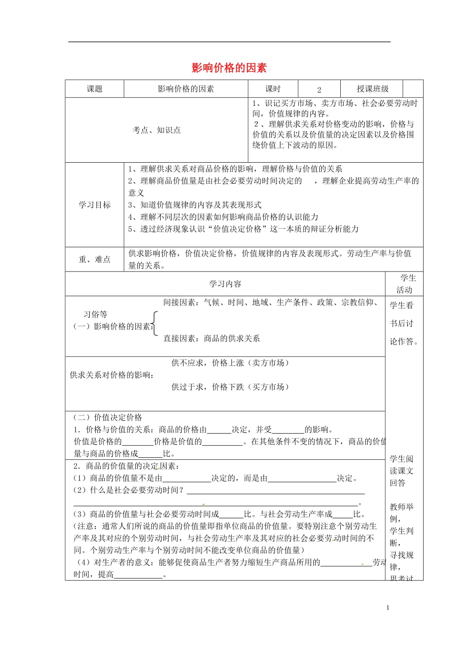 四川宜宾第一中学高中政治第2课第1框影响价格的因素教学案必修12.doc_第1页