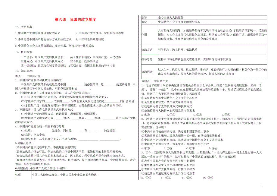 河北高三政治一轮复习政治生活第六课我国的政党制学案.doc_第1页