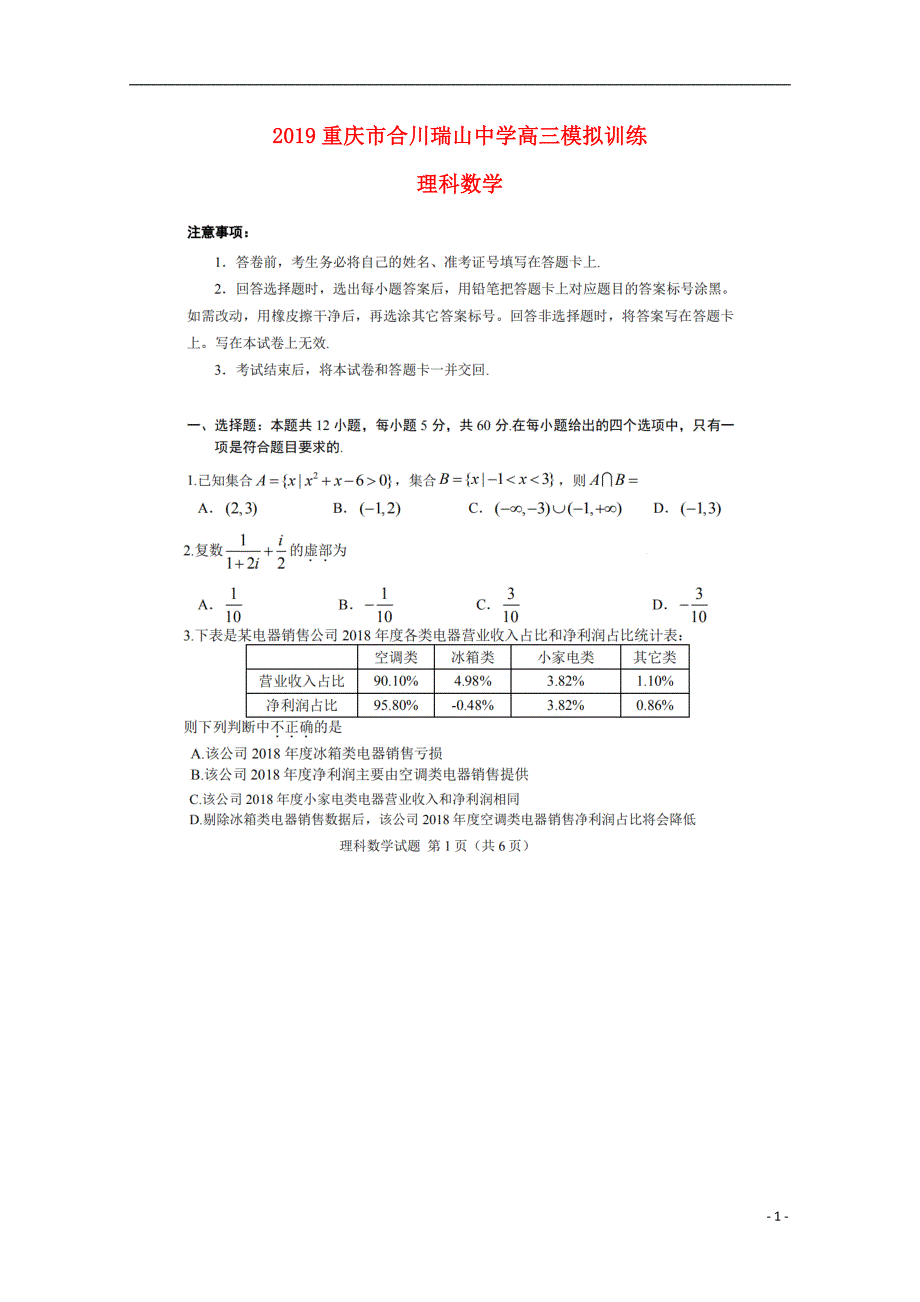重庆合川瑞山中学高三数学模拟理 .doc_第1页