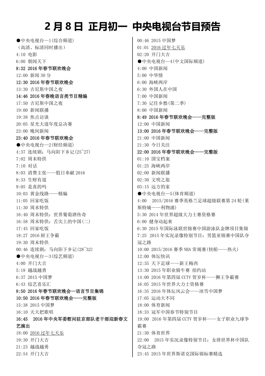 2月8日 正月初一 中央电视台节目预告.doc_第1页