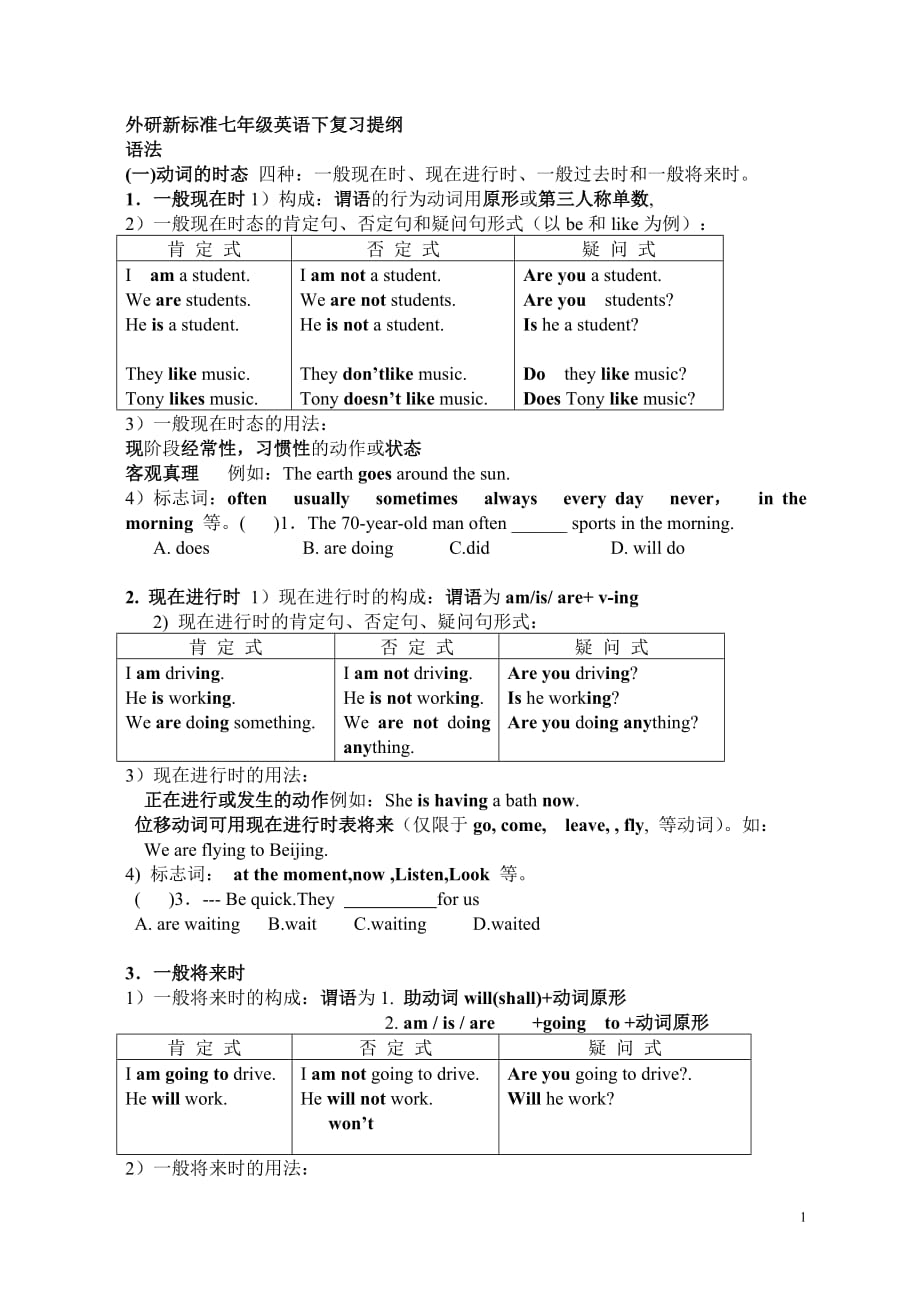 外研新标准七年级英语下册复习提纲.doc_第1页