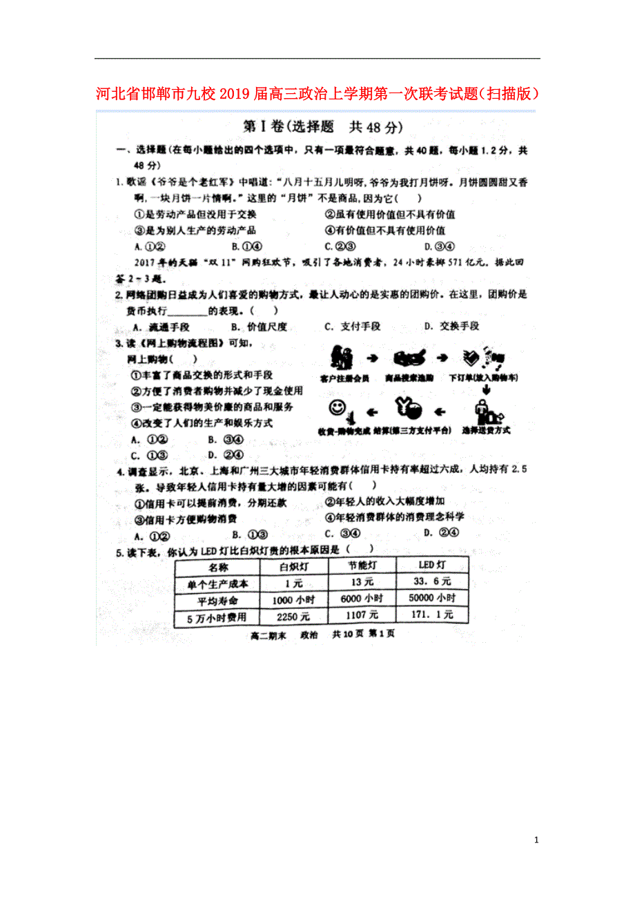 河北省邯郸市九校届高三政治上学期第一次联考试题（扫描版）.doc_第1页