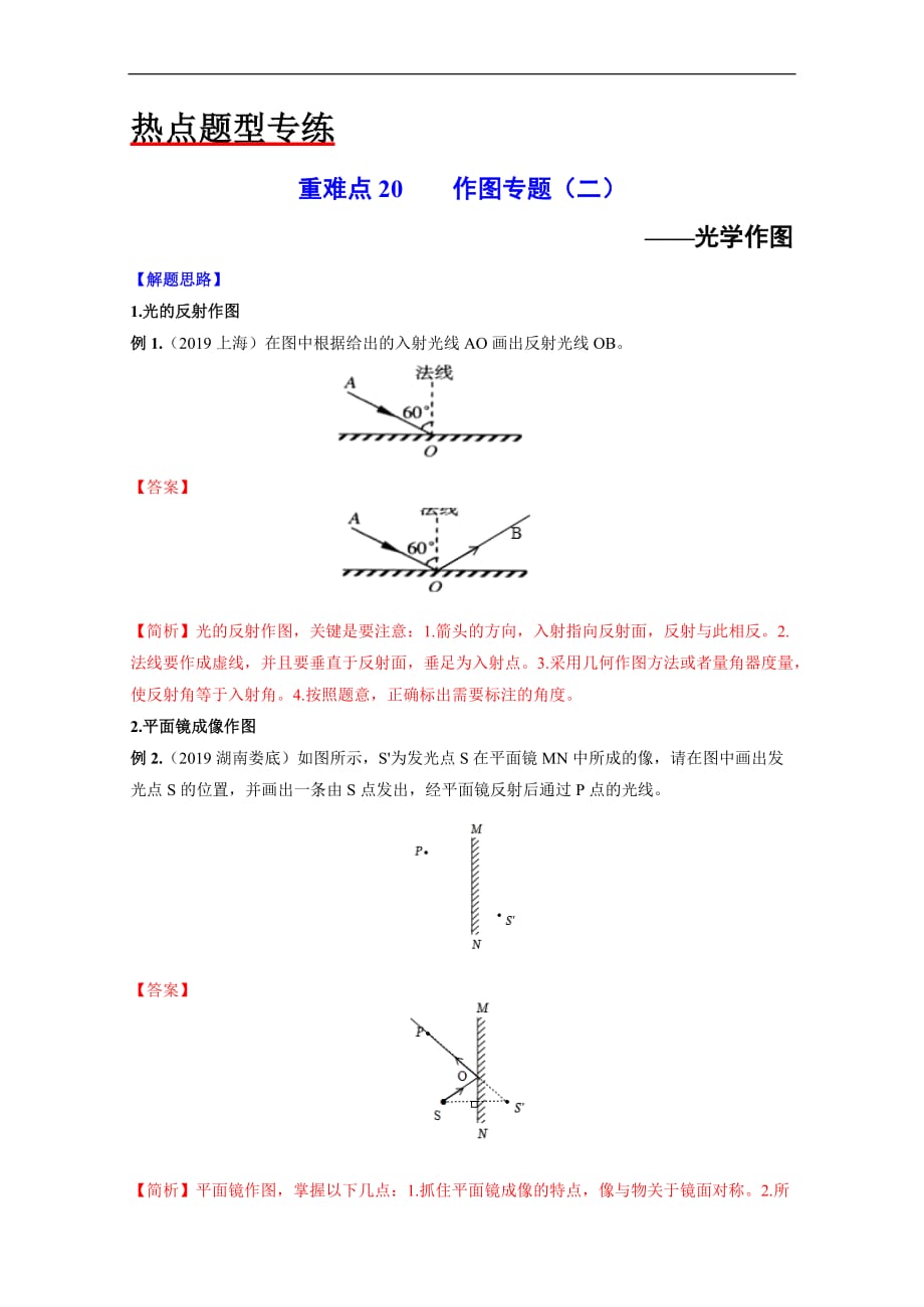 2020年中考物理重难点专练20 作图专题二 光学作图-热点题型（解析版）_第1页