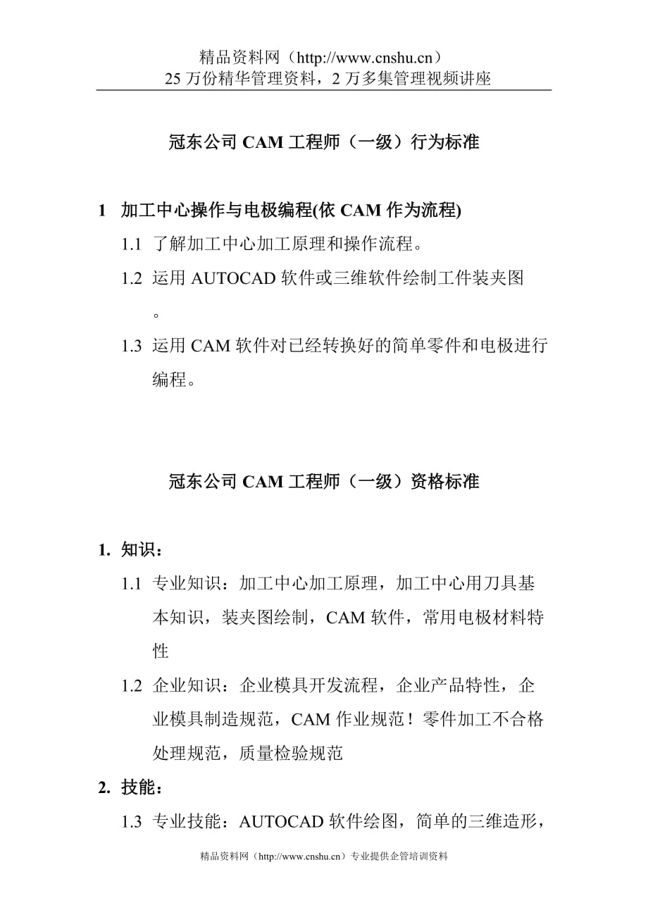 （建筑工程标准法规）冠东公司CAM工程师行为标准_第1页