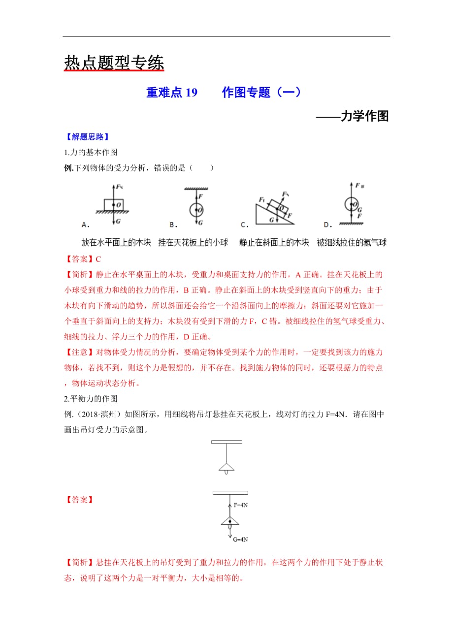 2020年中考物理重难点专练19 作图专题一 力学作图-热点题型（解析版）_第1页