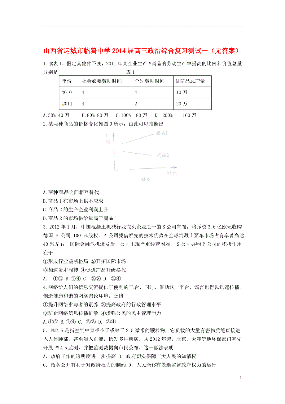 山西运城临猗中学高三政治综合复习测试一.doc_第1页