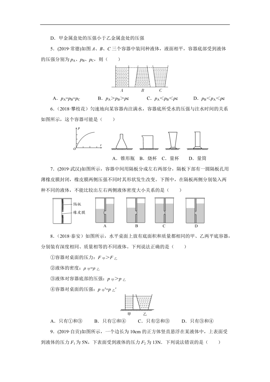 2020届中考物理一轮复习专项精选练习 12 液体的压强（含答案）_第2页