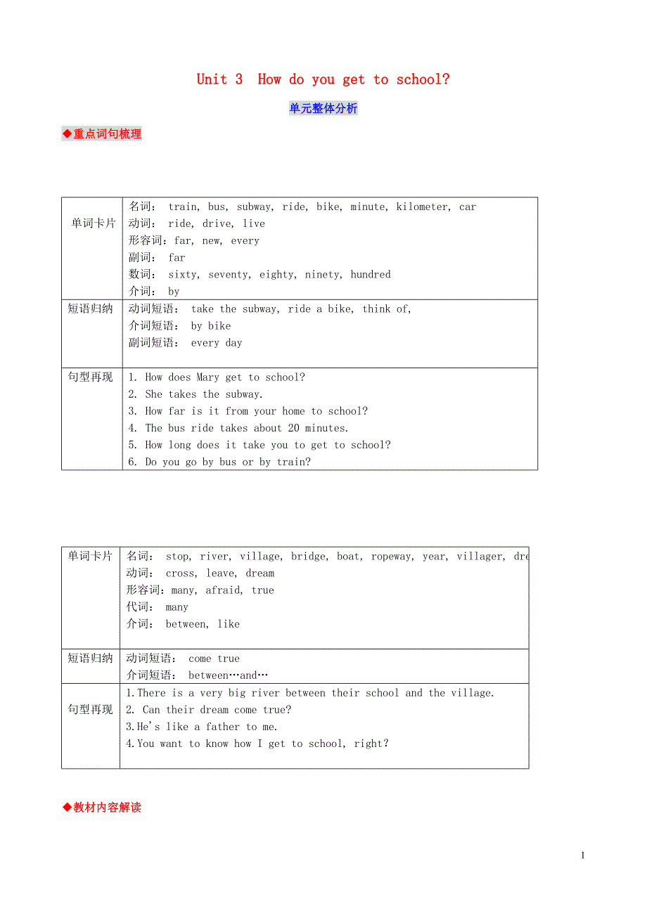 七年级英语下册Unit3Howdoyougettoschool整体分析教案（新版）人教新目标版_第1页