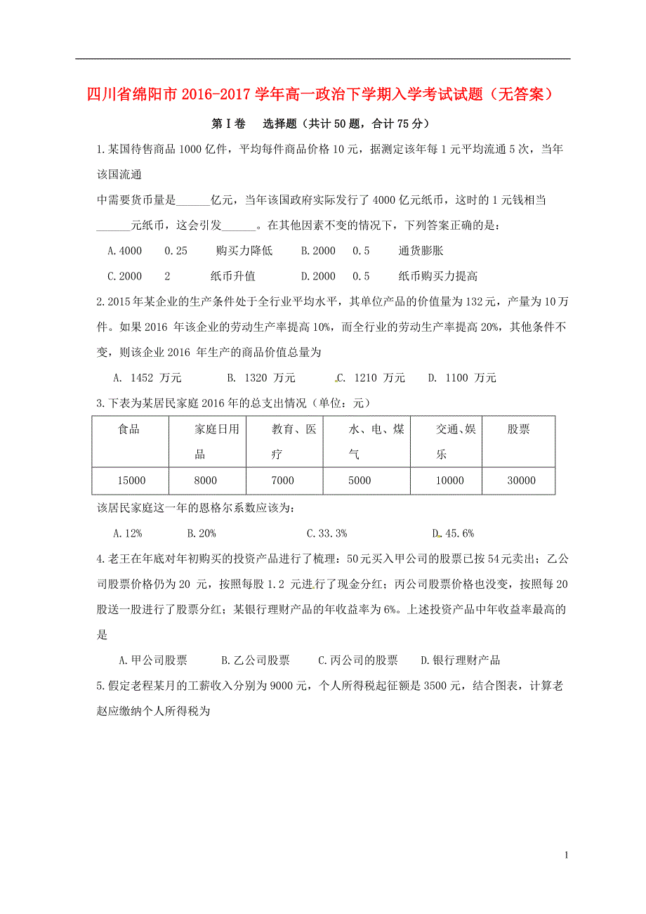 四川绵阳高一政治入学考试.doc_第1页
