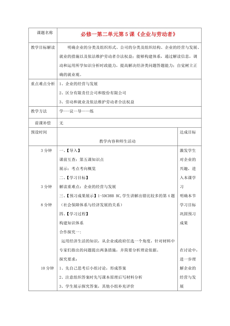 高一政治经济生活第五课企业与劳动者教学设计1.doc_第1页