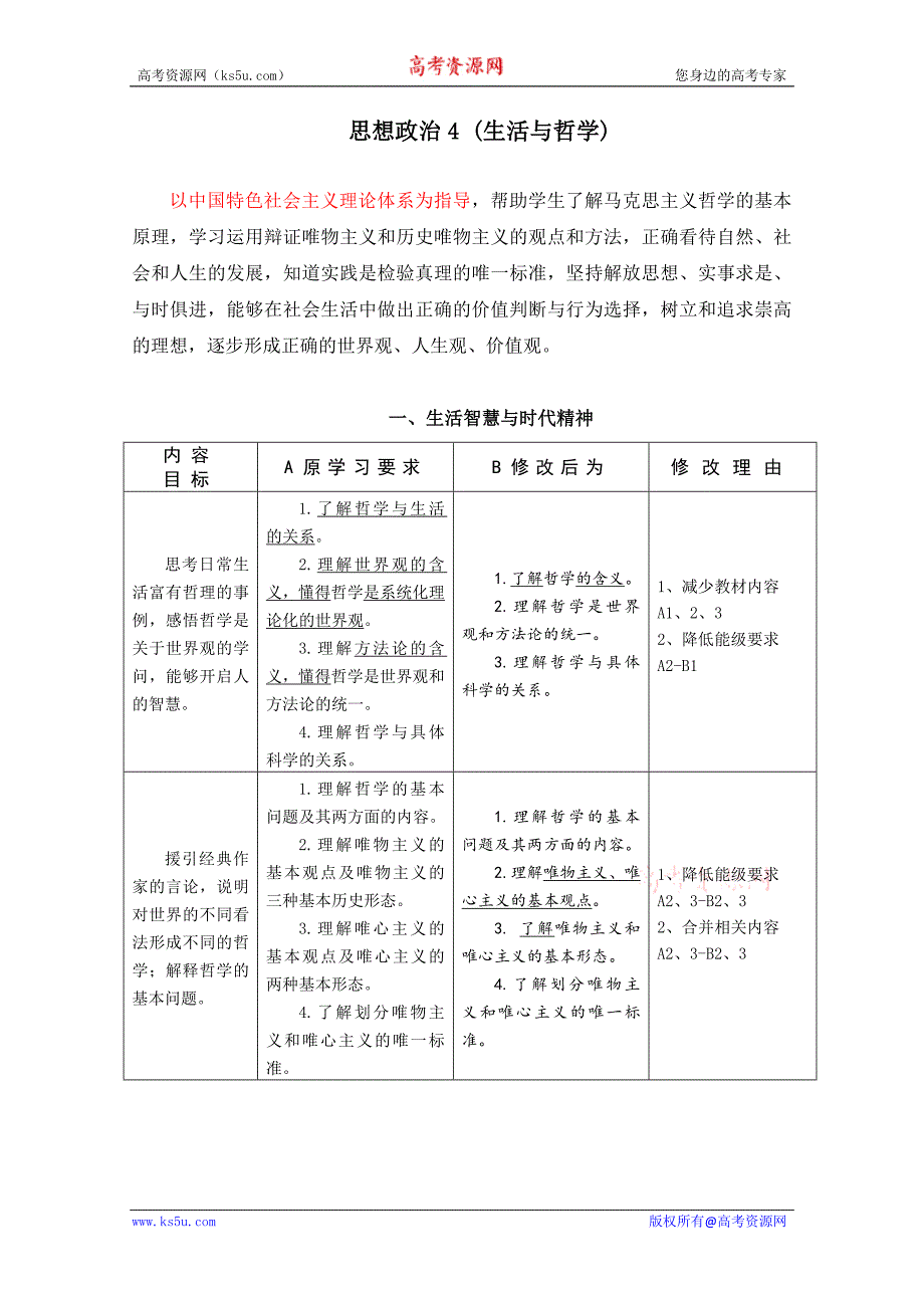 政治：4.生活与哲学教学要求修改说明.doc_第1页