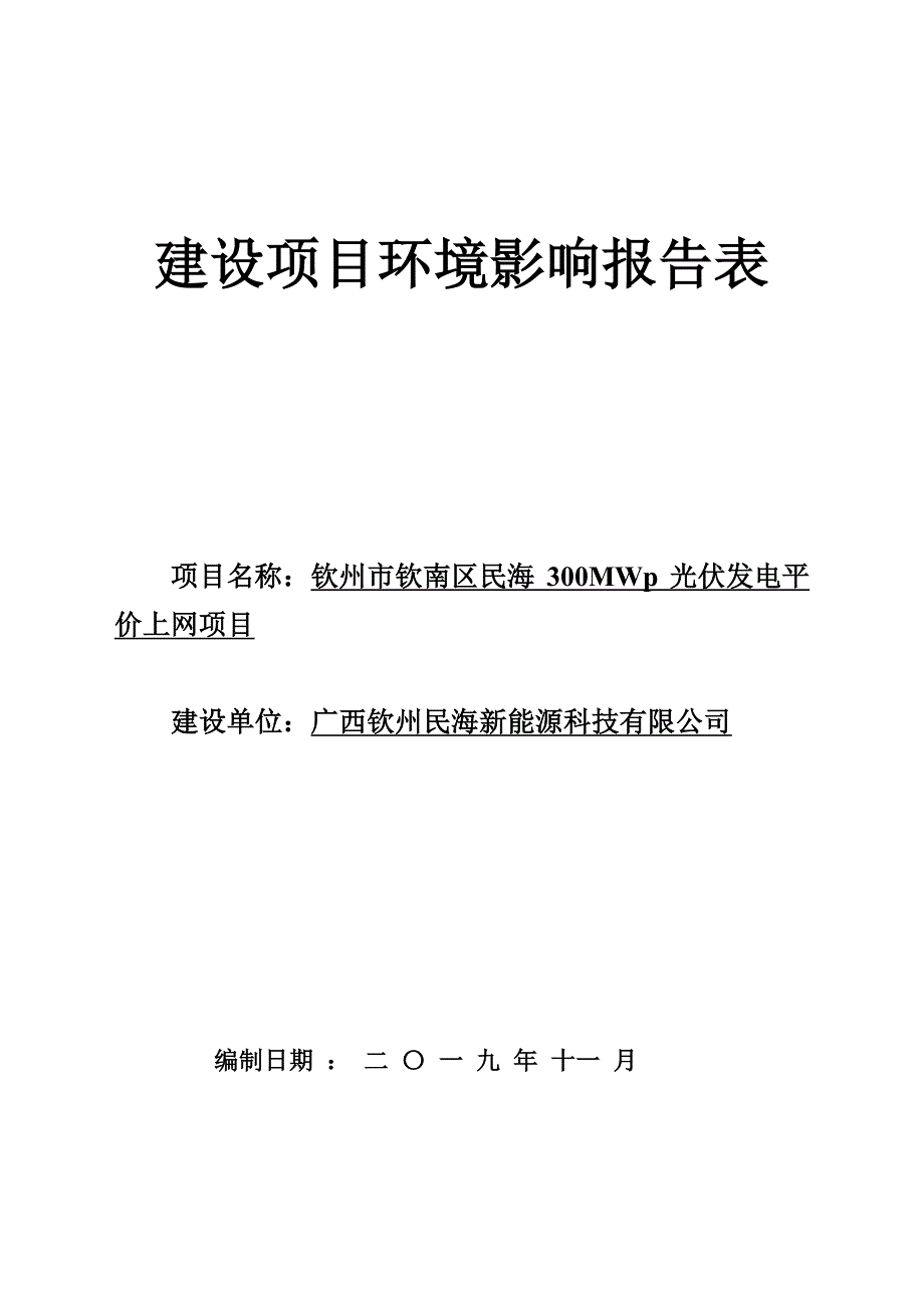 钦州市钦南区民海300MWp光伏发电平价上网建设项目环境影响报告表_第1页