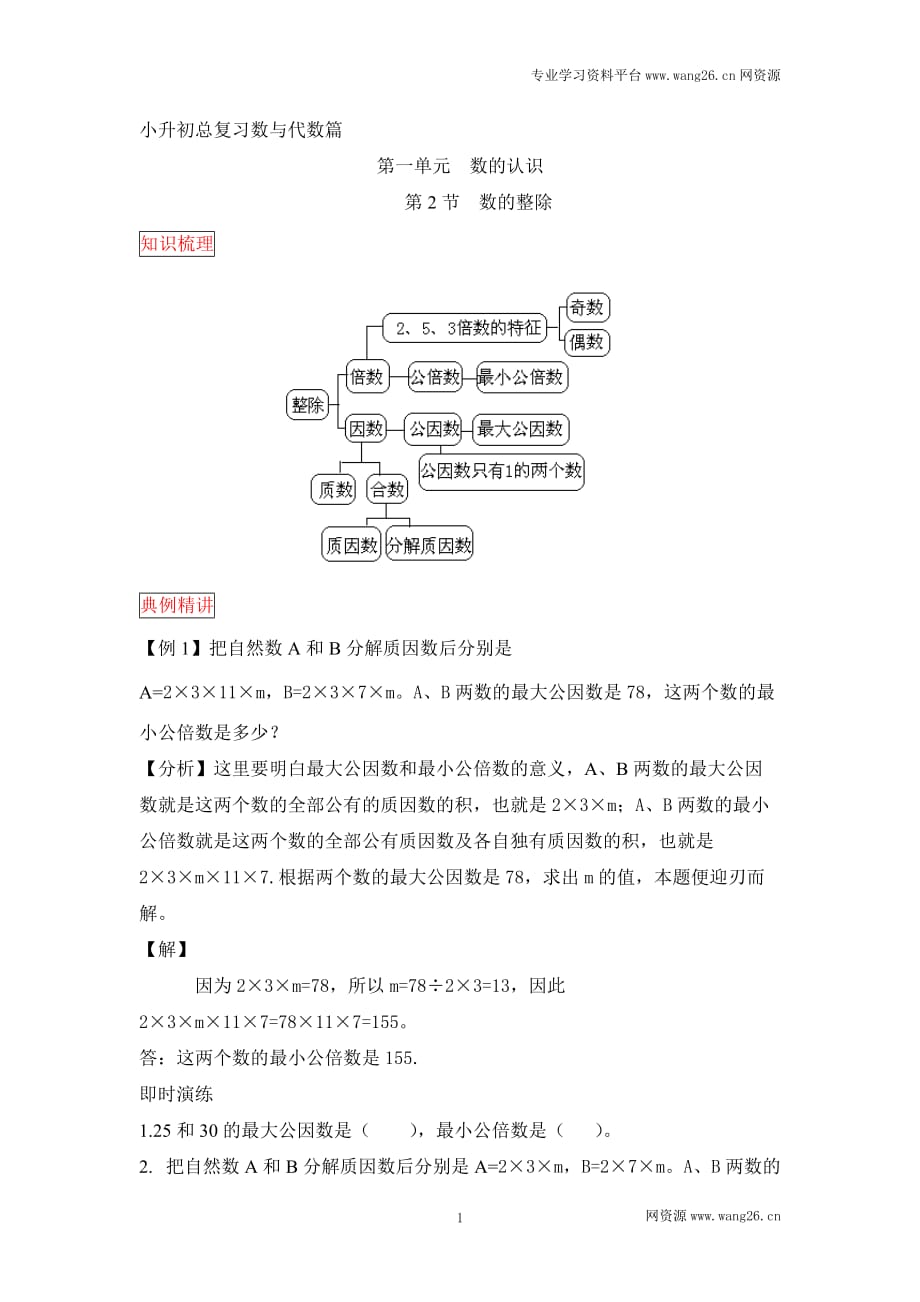 小升初数学总复习知识梳理+练习+答案-数的整除-通用版 6页_第1页