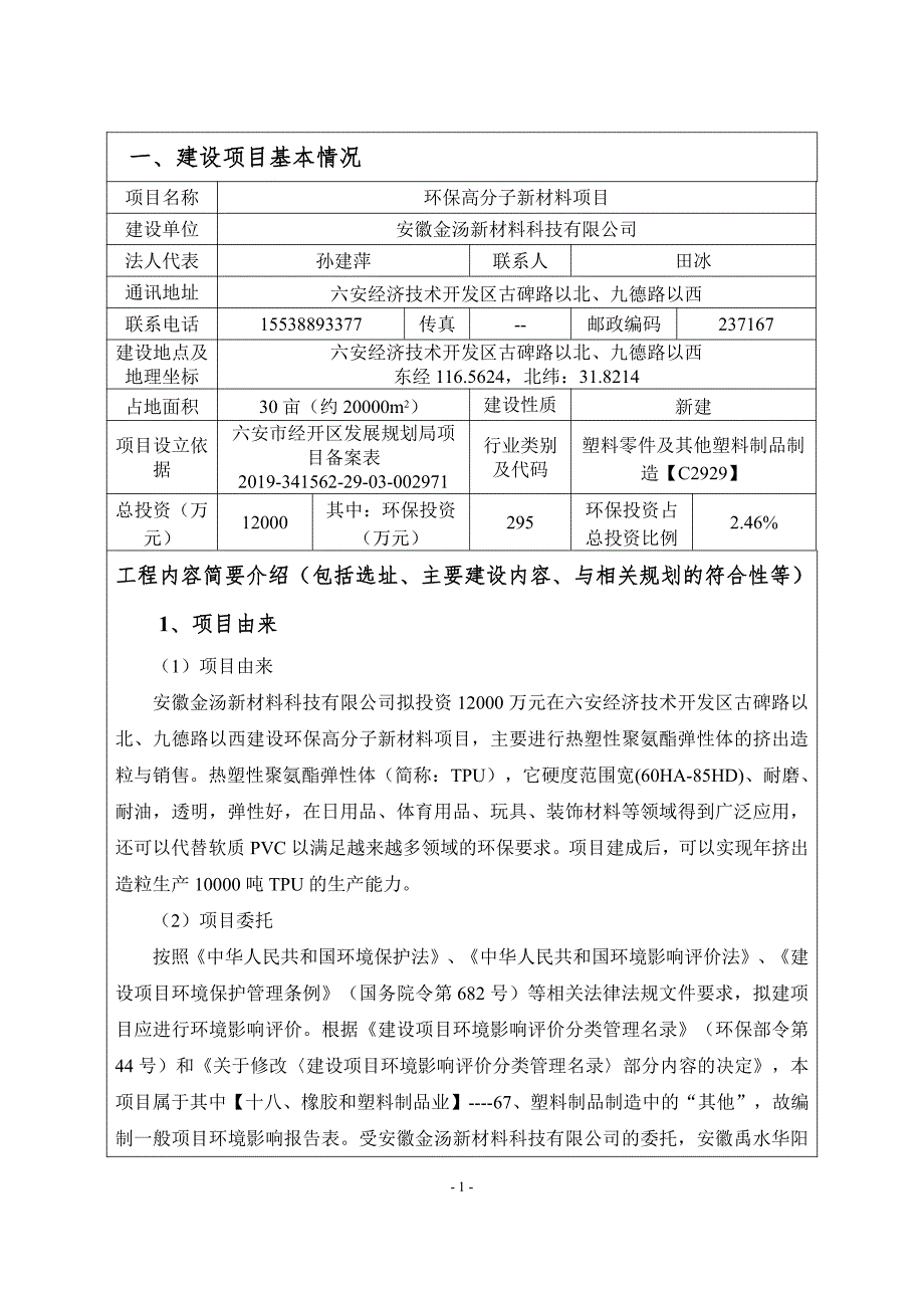 安徽金汤新材料科技有限公司环保高分子新材料项目环境影响报告表_第1页