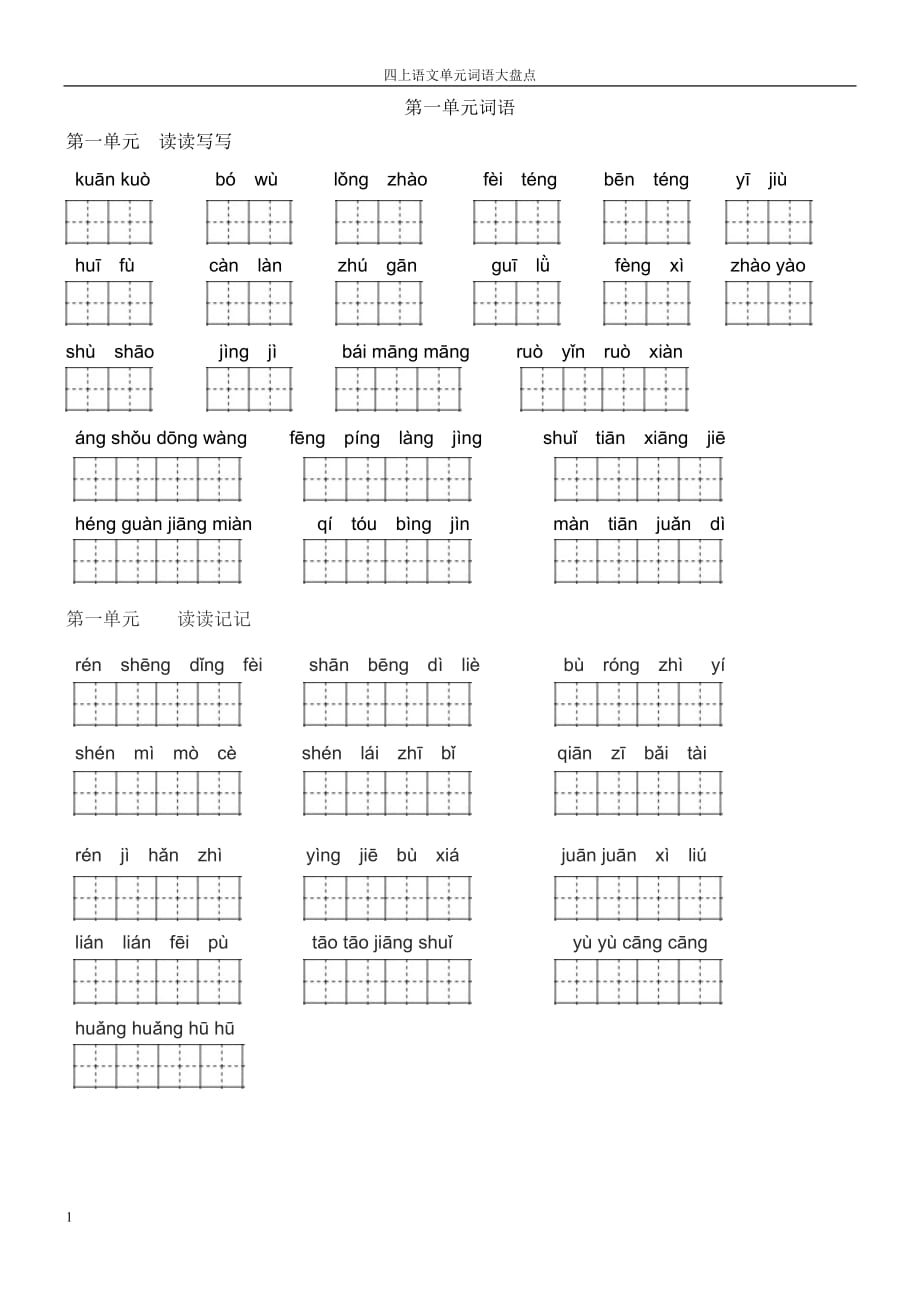 人教版四年上语文田字格单元词语盘点复习教学幻灯片_第1页