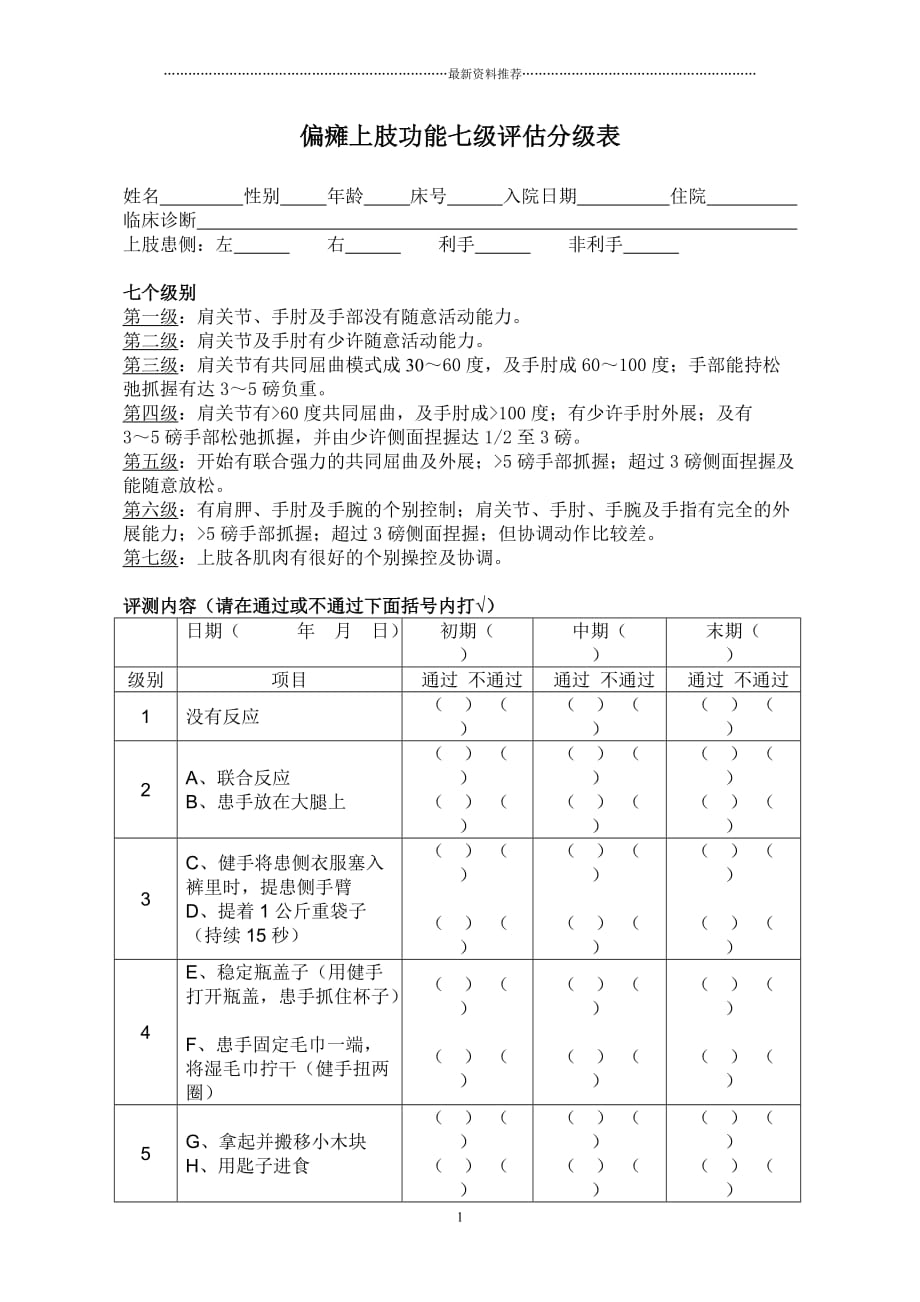 偏瘫上肢功能七级评估分级表精编版_第1页