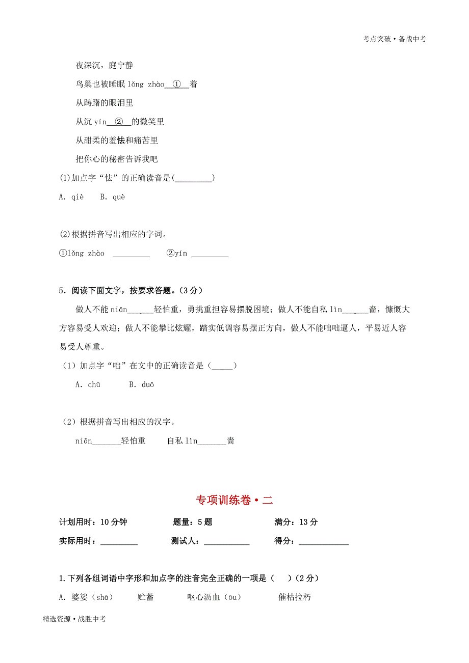 2020年中考语文考点突破：字音字形综合（学生版）_第2页