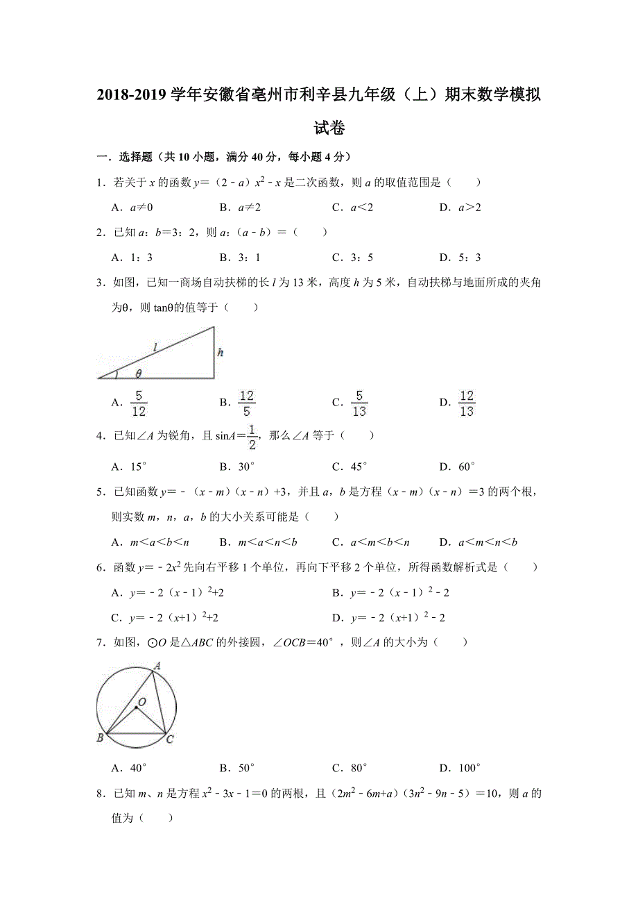 安徽亳州利辛九级数学期末模拟.pdf_第1页