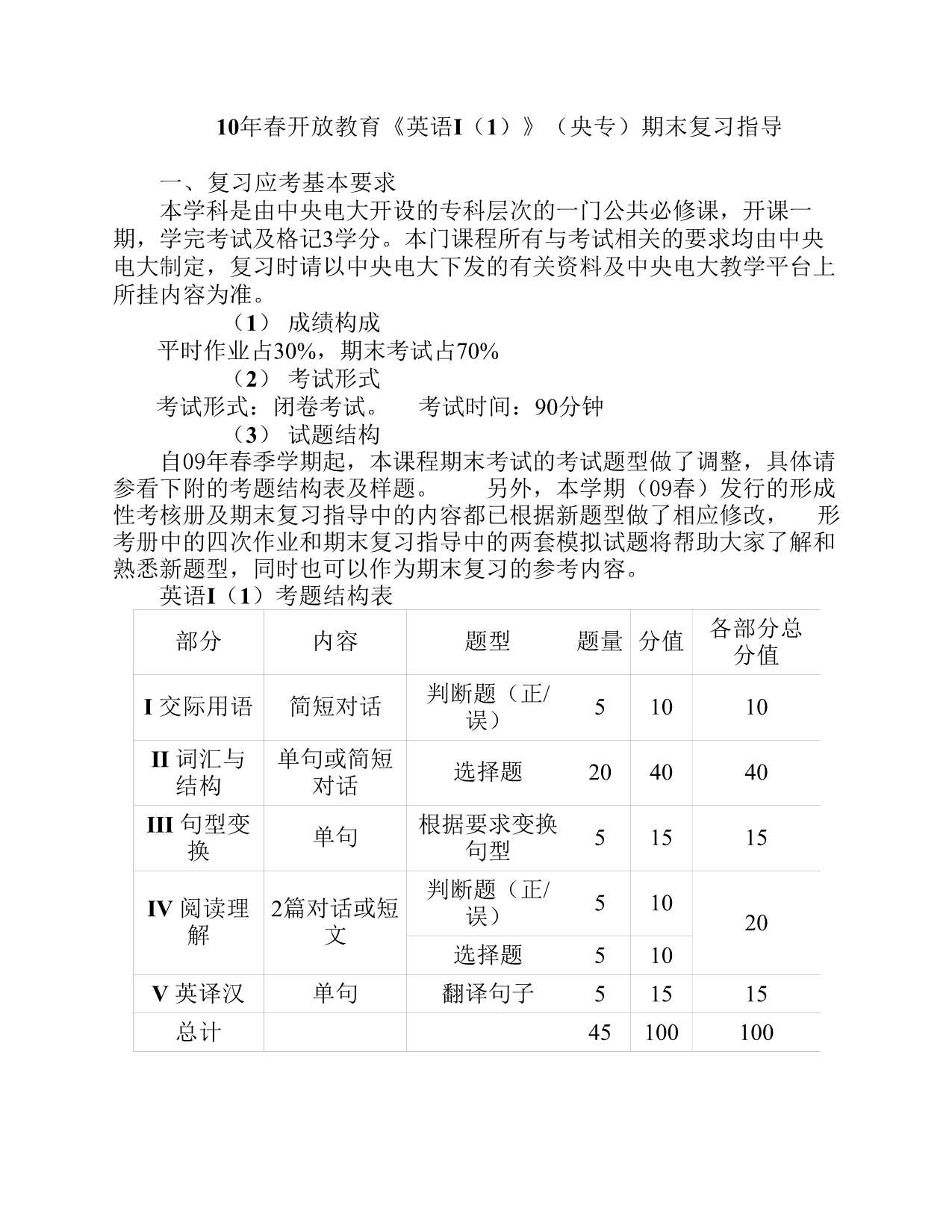 10春开放教育《英语I(1)》期末复习指导(开放英语1)_第1页