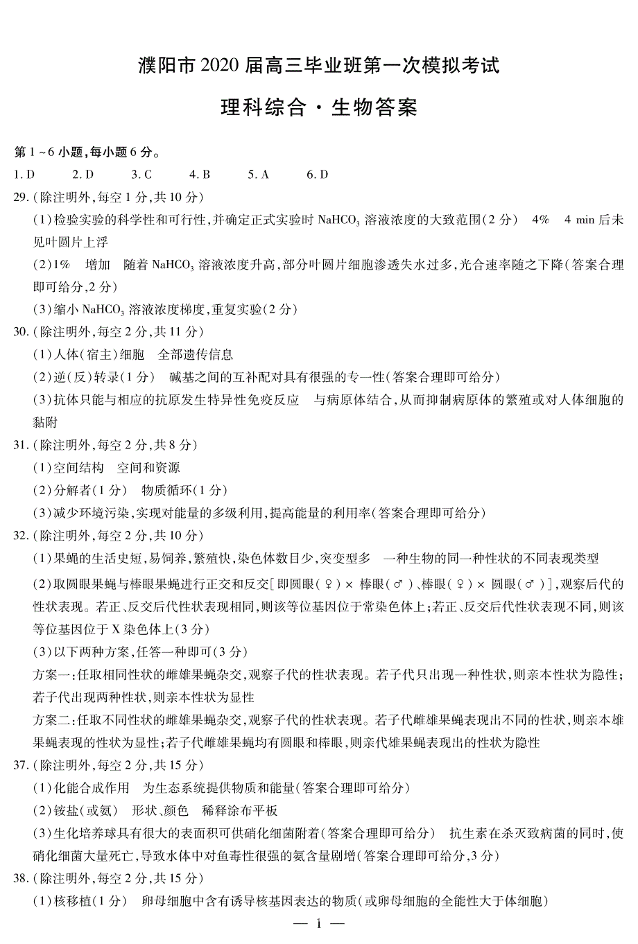 河南省濮阳市2020届高三毕业班第一次模拟考试生物简易答案_第1页