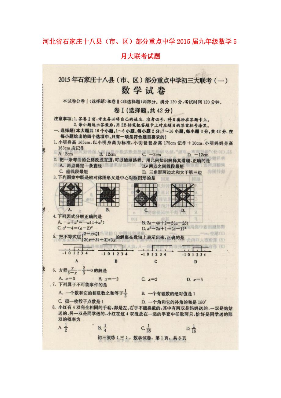 河北石家庄十八、区部分重点中学九级数学大联考.doc_第1页