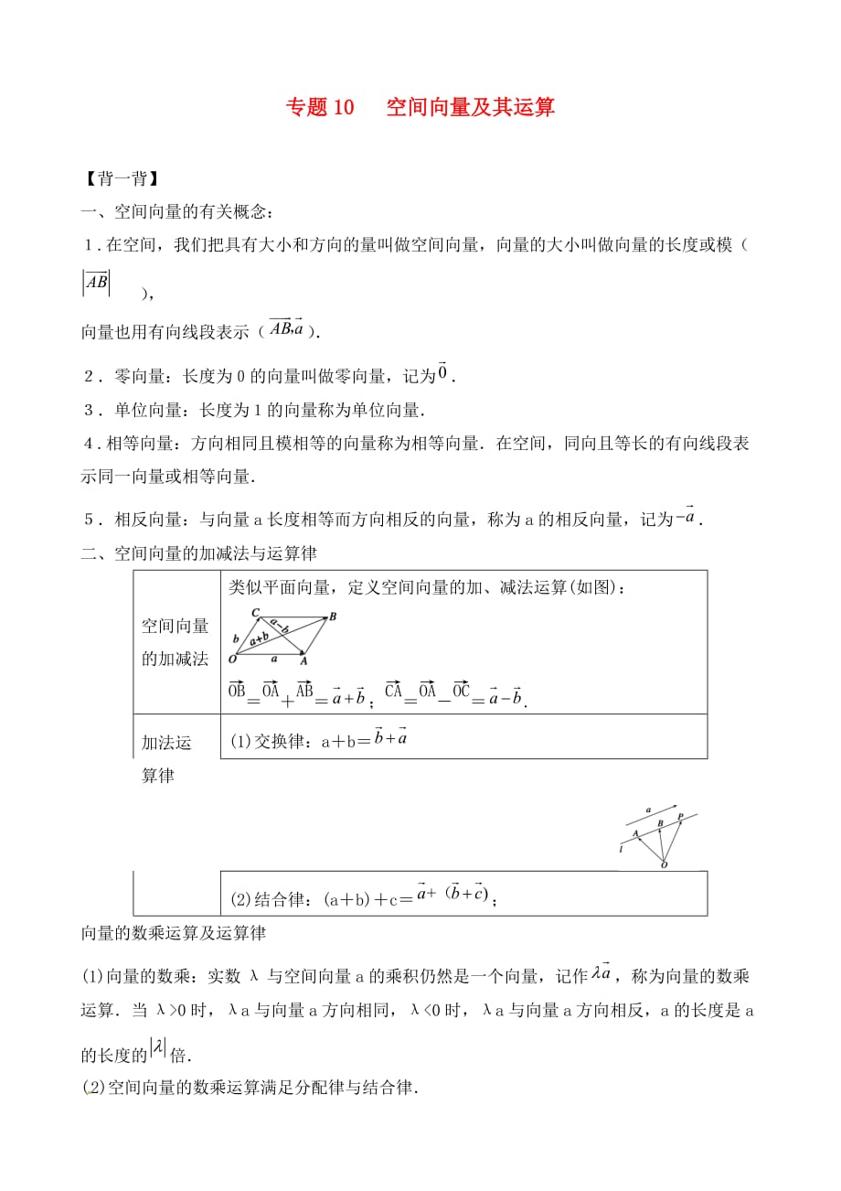 （寒假总动员）2020年高二数学寒假作业 专题10 空间向量及运算（背）_第1页