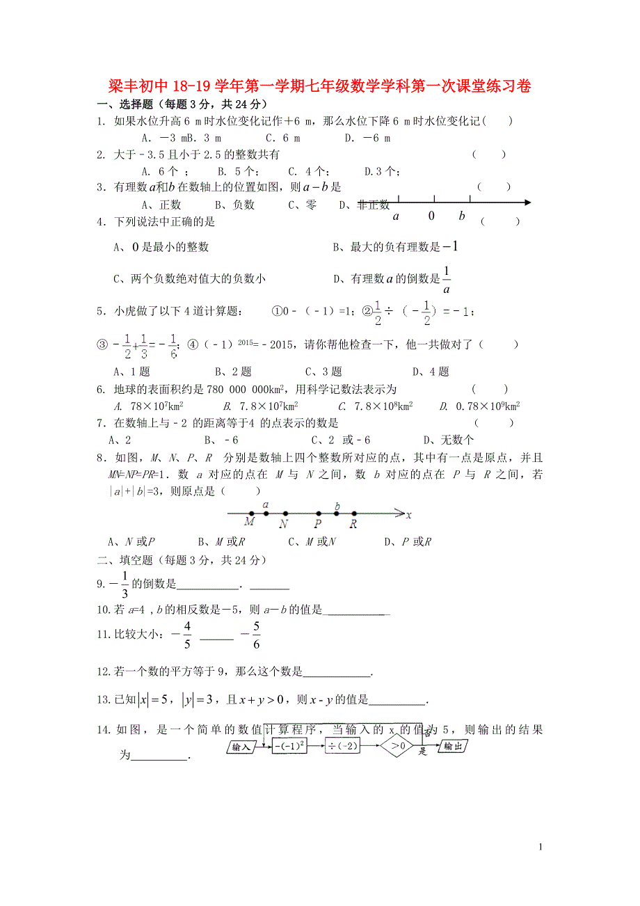 江苏梁丰初中七级数学第一次课堂练习卷 1.doc_第1页