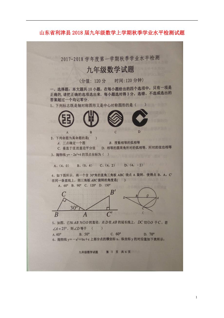 山东利津九级数学秋季学业水平检测五四制.doc_第1页