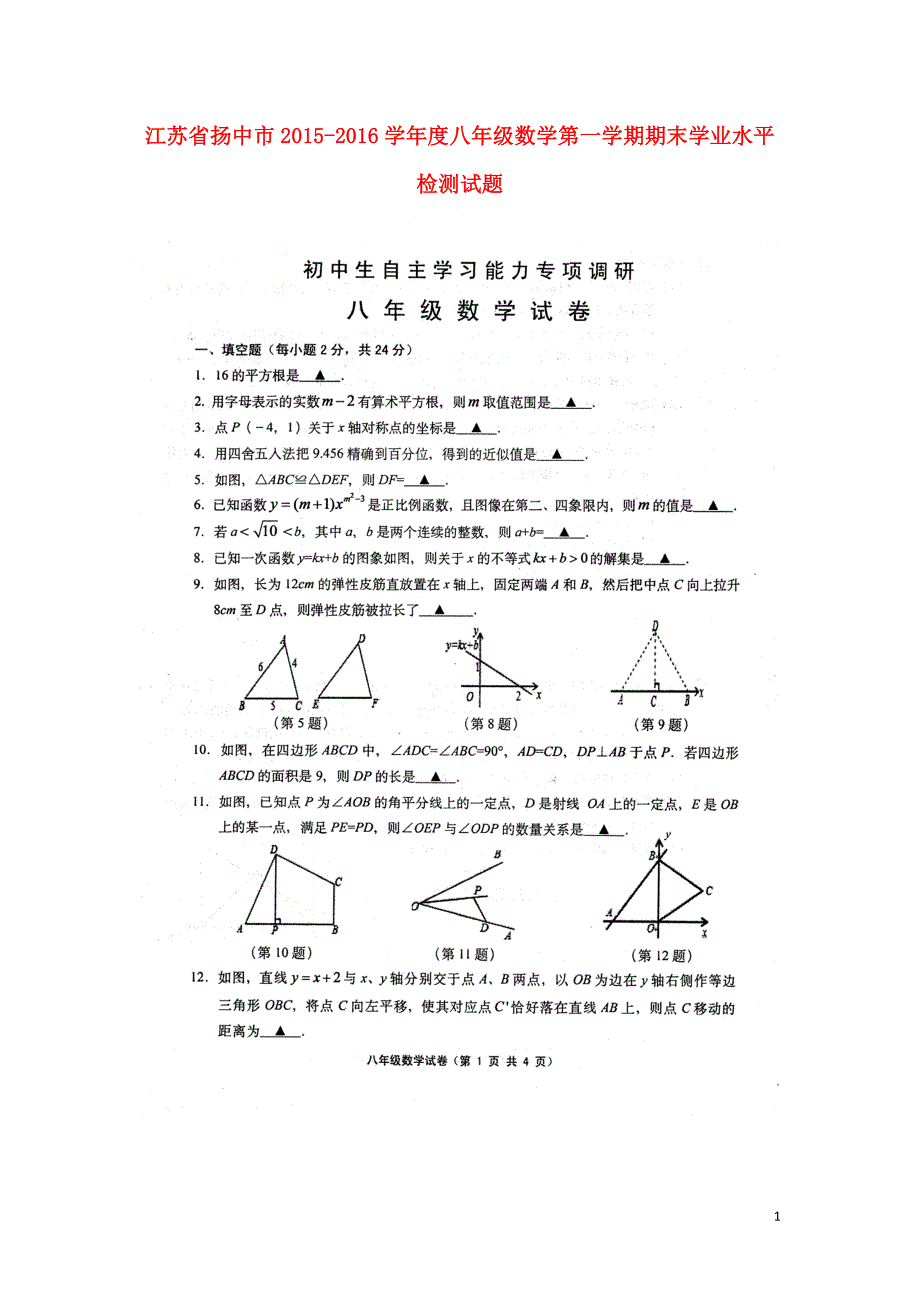 江苏扬中八级数学期末学业水平检测苏科.doc_第1页