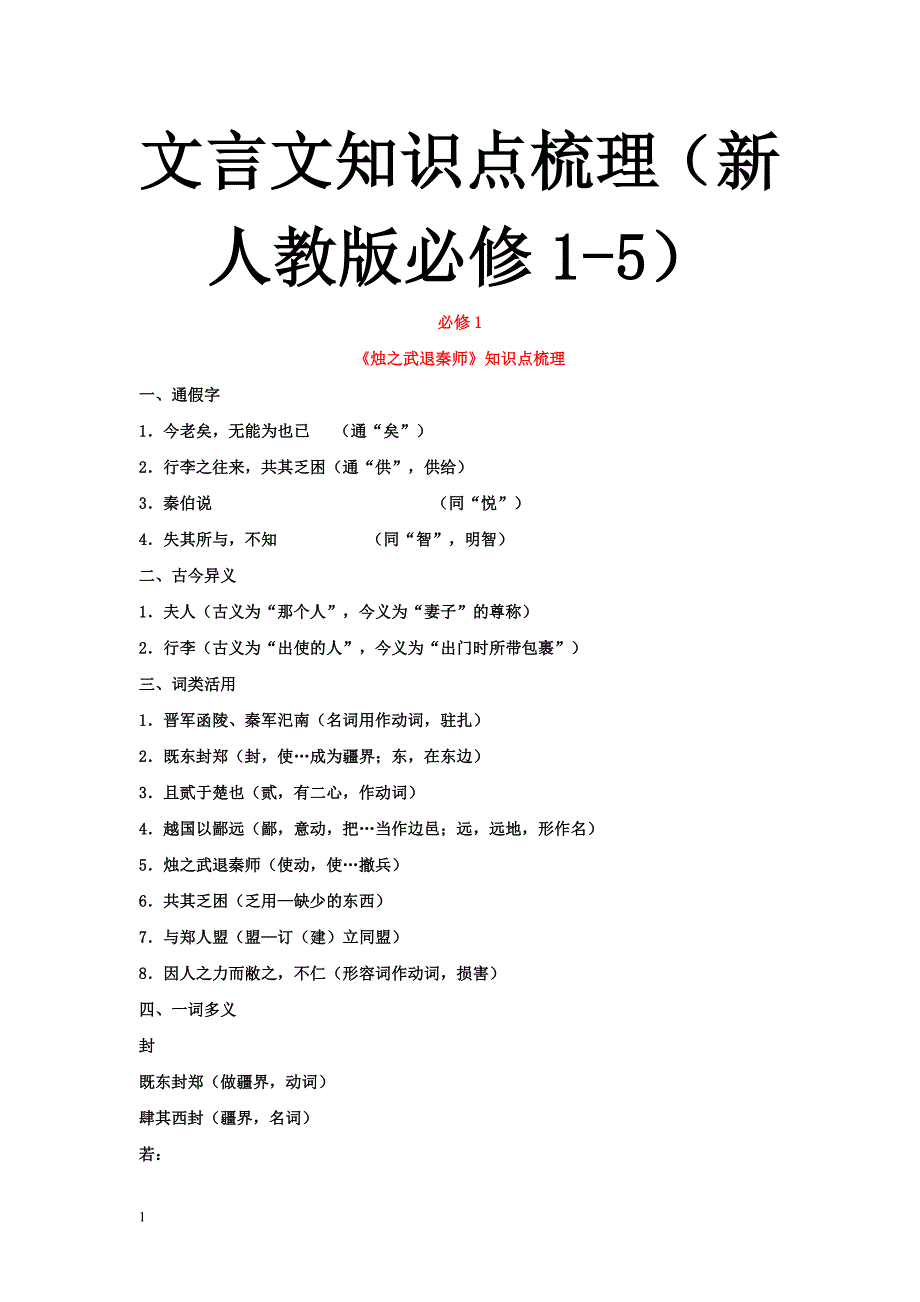 高中新人教版语文必修一到必修五文言知识梳理幻灯片资料_第1页