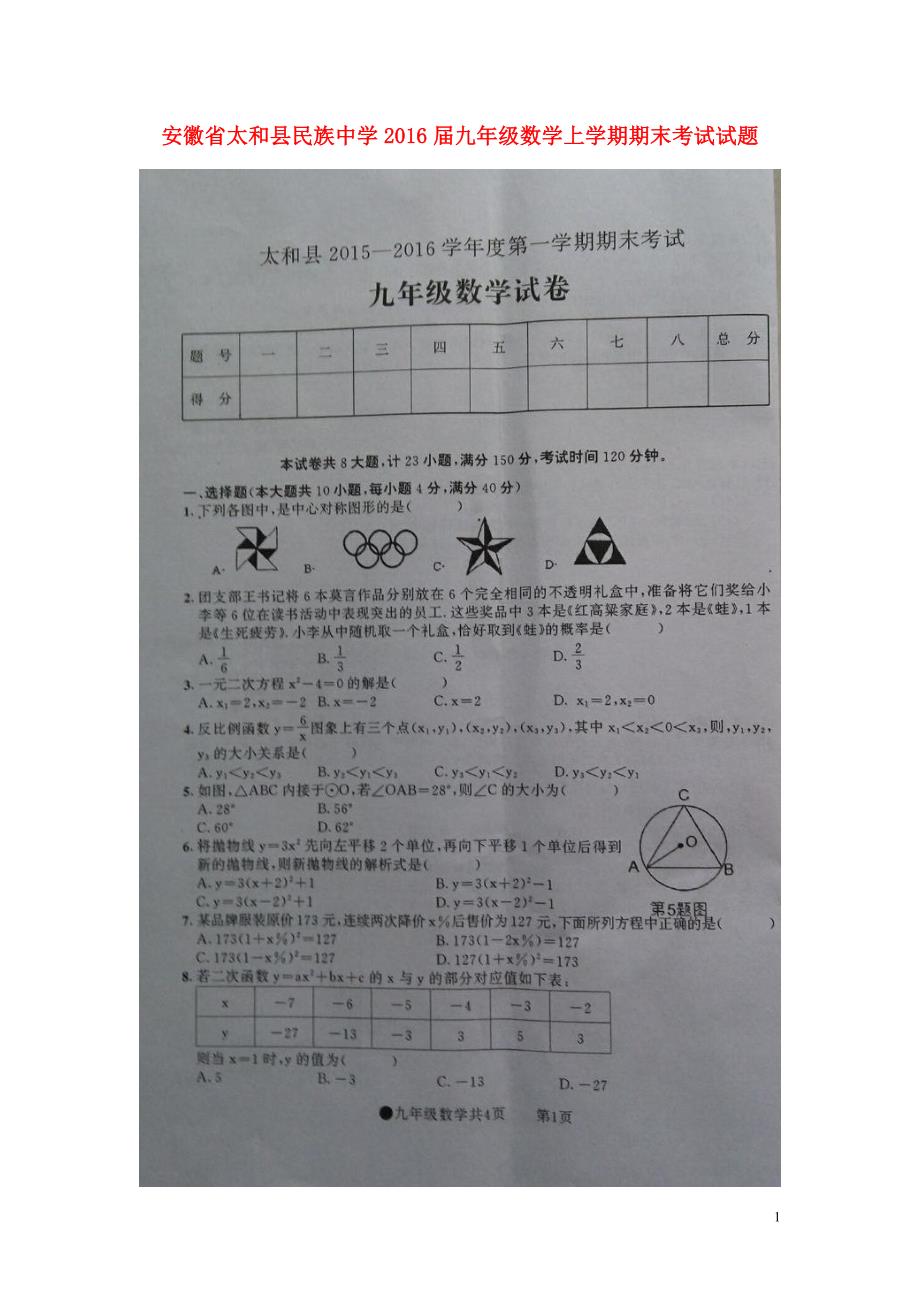 安徽太和民族中学九级数学期末考试.doc_第1页