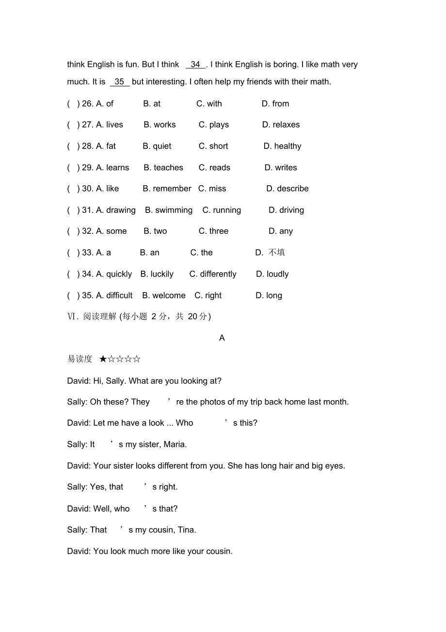 最新七年级人教新目标英语下册Unit9单元测试题1._第3页