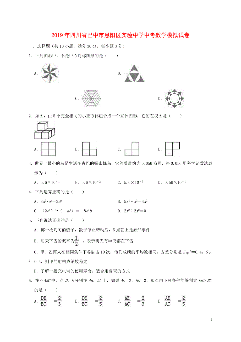 四川巴中恩阳区实验中学中考数学模拟 1.doc_第1页