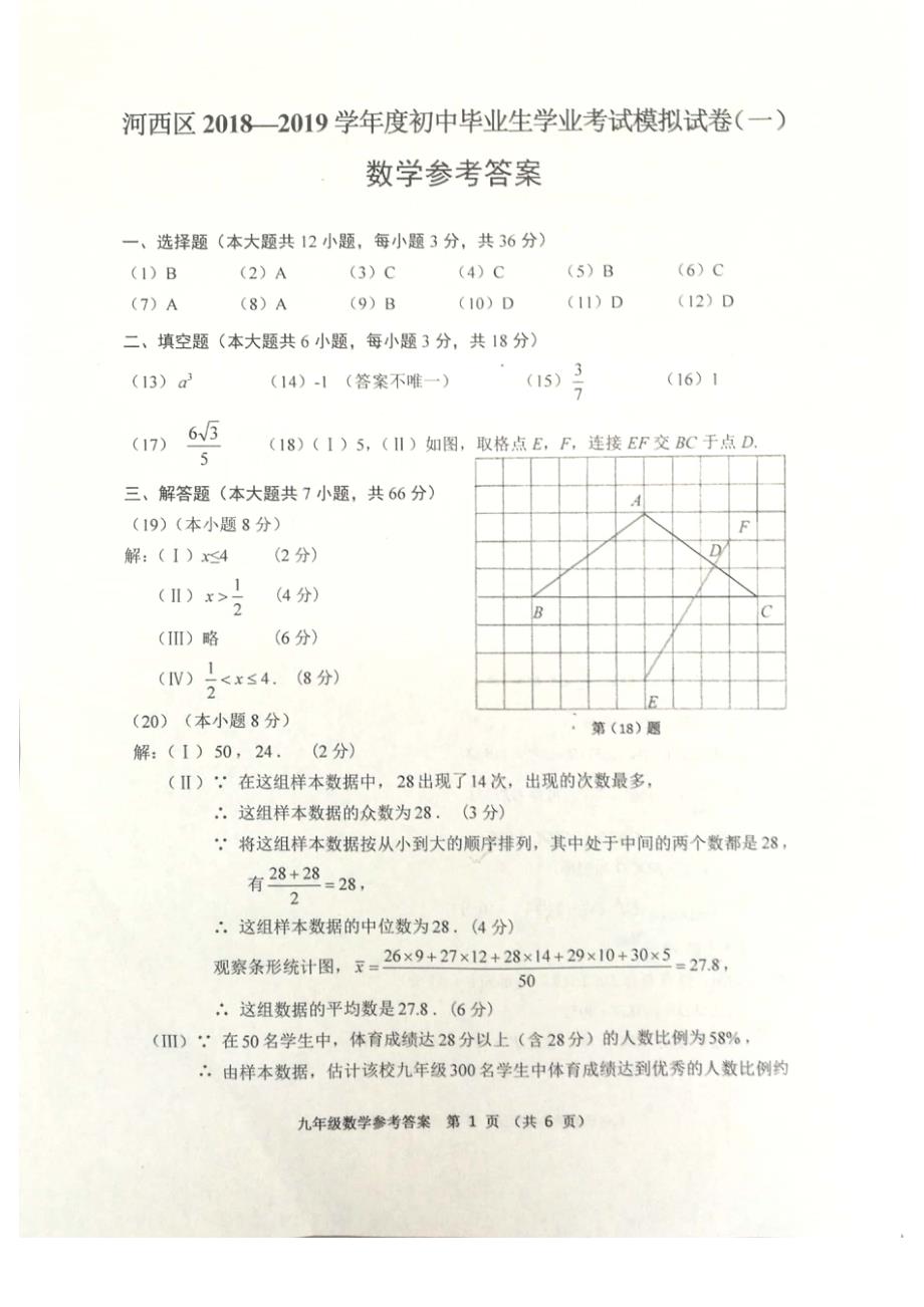 天津市河西区2019年中考数学一模试题（pdf）答案.pdf_第1页