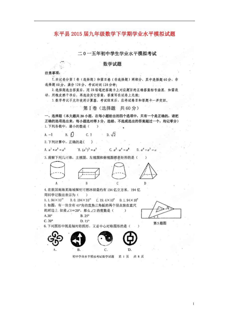 山东东平九级数学学业水平模拟 1.doc_第1页