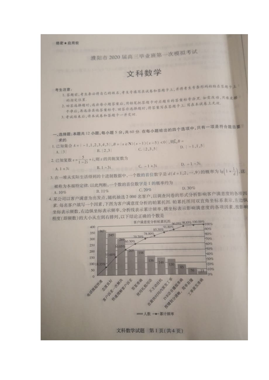 河南省濮阳市2020届高三毕业班第一次模拟考试数学（文）试题_第1页