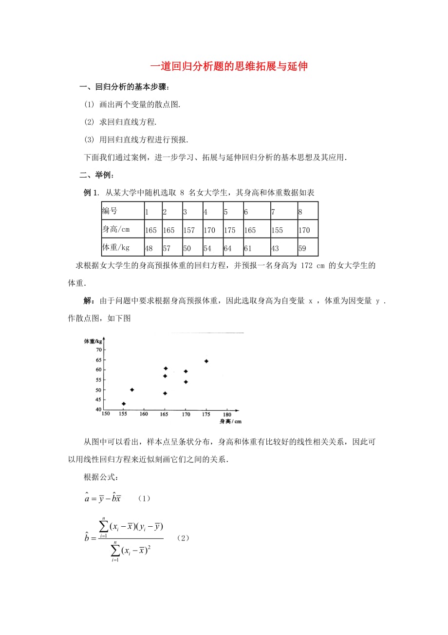 陕西省吴堡县吴堡中学高中数学 第一章 统计案例 一道回归分析题的思维拓展与延伸素材 北师大版选修1-2_第1页