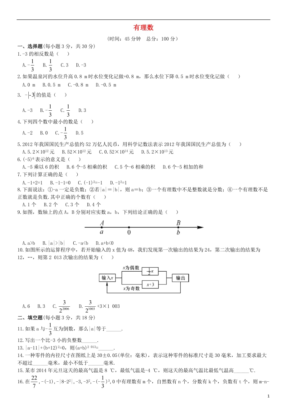 七级数学上册第一单有理数单元综合测试新湘教.doc_第1页