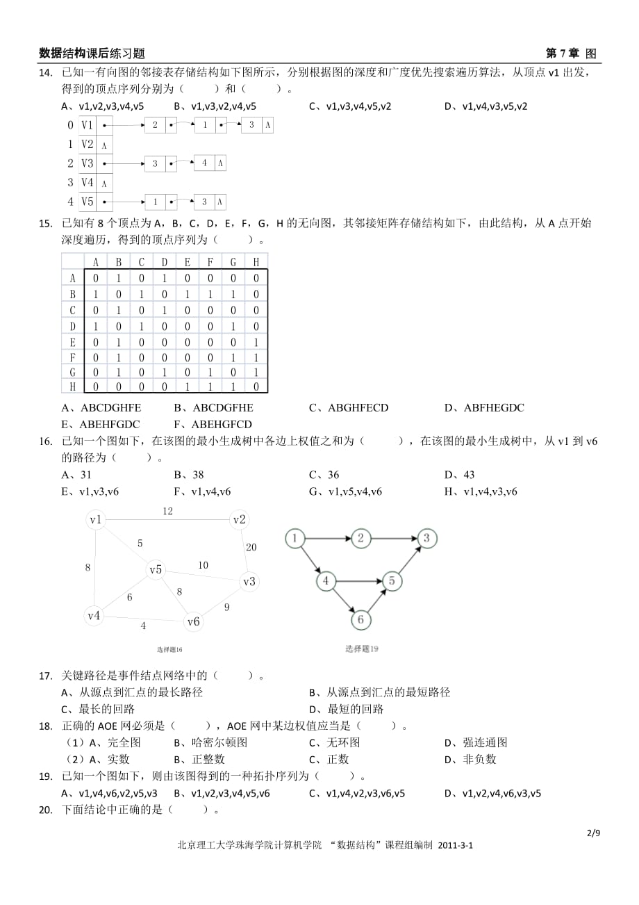 《数据结构》习题集：第7章 图_第2页