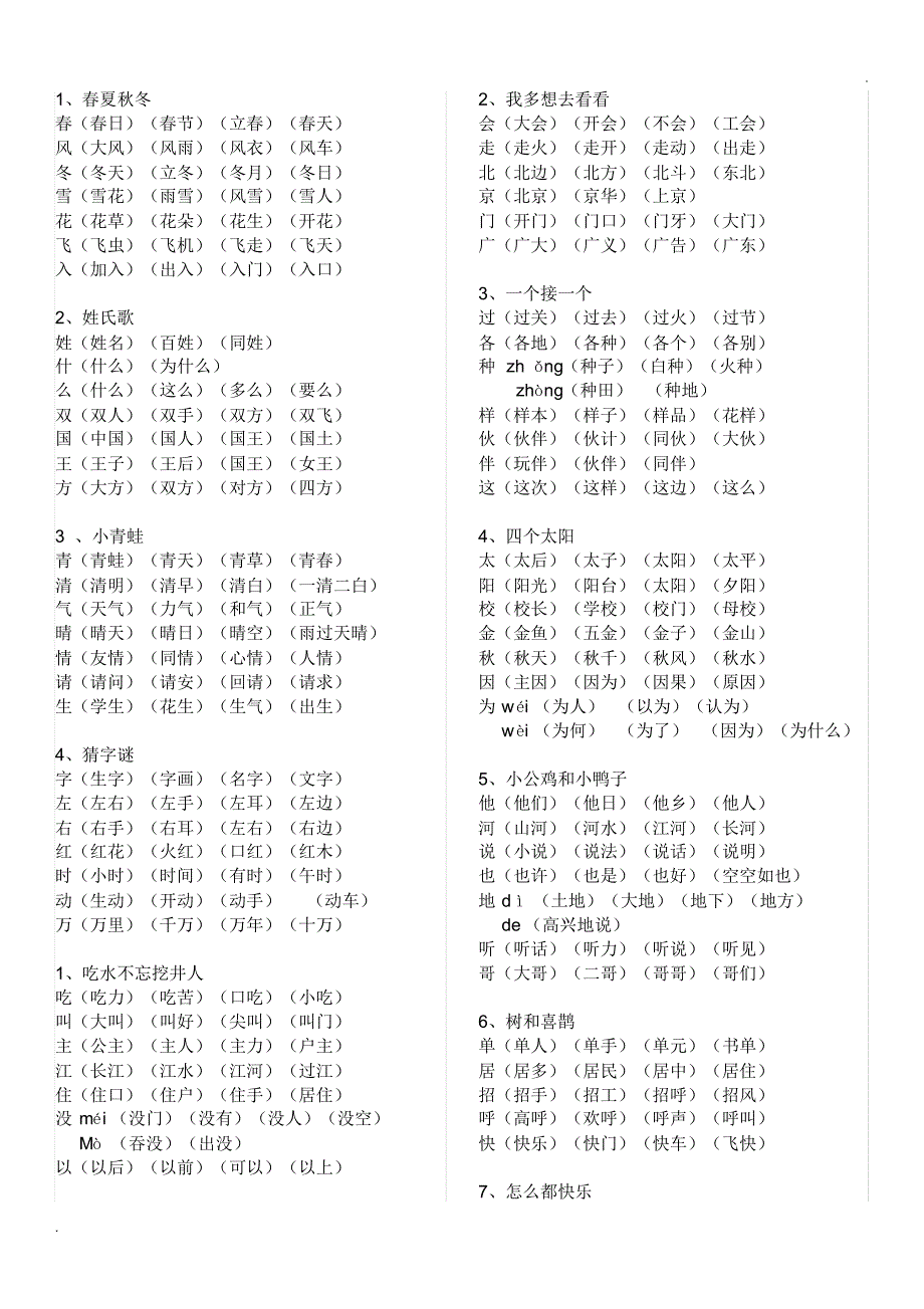 新版部编版一年级下册全册生字组词(打印版)._第1页