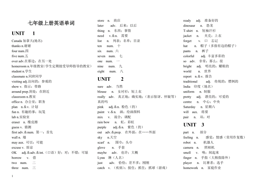 冀教版七年级英语单词讲义资料_第1页