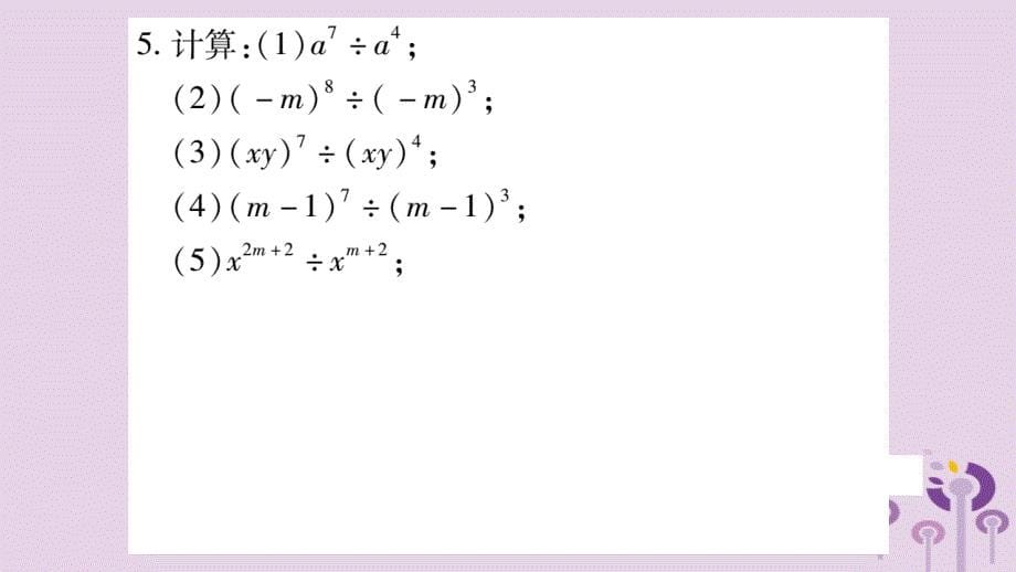 秋八级数学上册第12章整式的乘除12.1幂的运算12.1.4同底数幂的除法作业新华东师大.ppt_第5页