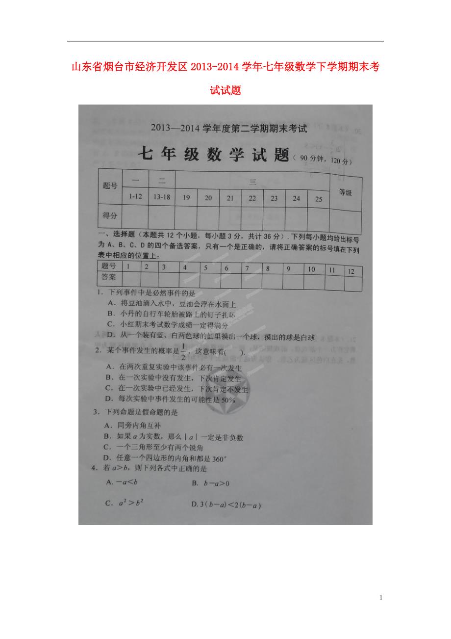 山东烟台经济开发区七级数学期末考试五四学制.doc_第1页