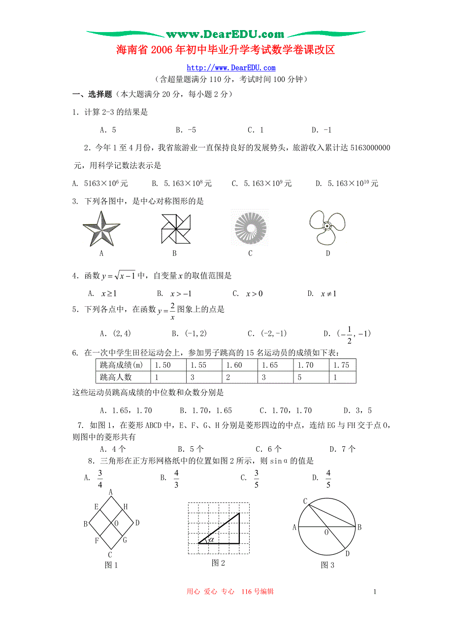 海南初中毕业升学考试数学卷课改区.doc_第1页