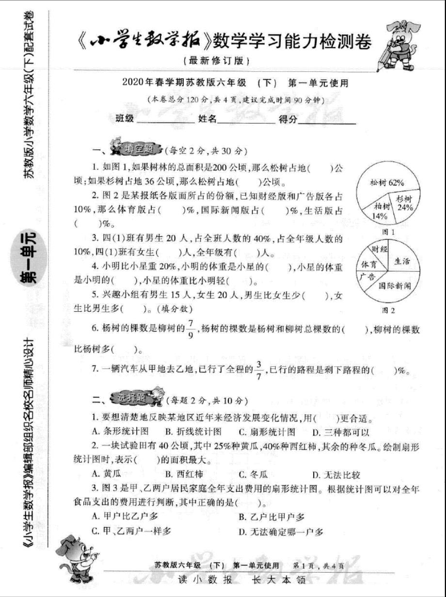 2020苏教版六年级下册《小学生数学报》学习能力检测卷【全套】_第1页