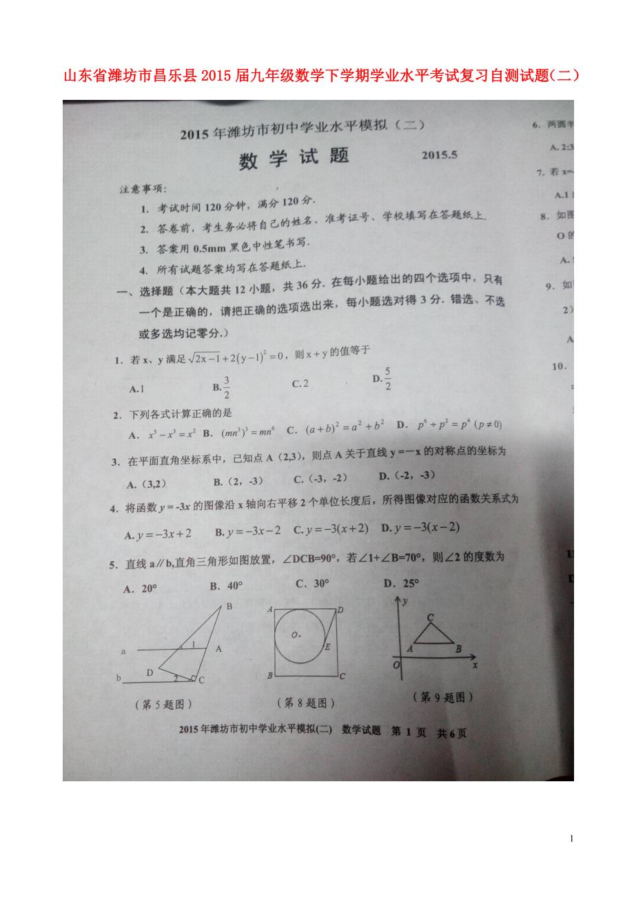 山东潍坊昌乐九级数学学业水平考试复习自测二.doc_第1页