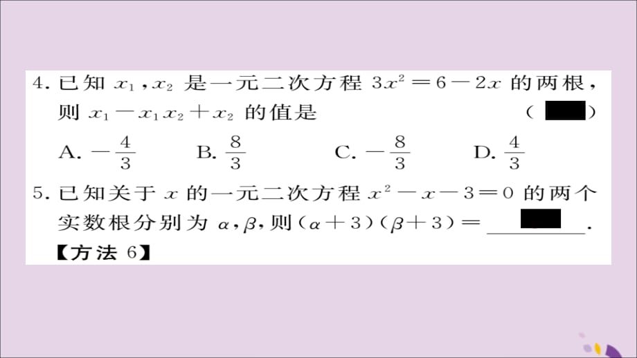 通用秋九级数学上册第二章一元二次方程2.5一元二次方程的根与系数的关系习题新北师大.ppt_第4页