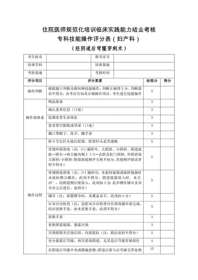 住院医师规范化培训临床实践能力结业考核专科技能操作评分表（妇产科）经阴道后穹窿穿刺术