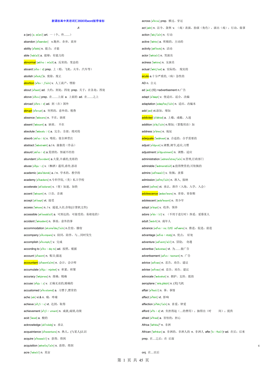 高中英语词汇带音标-大全_第1页